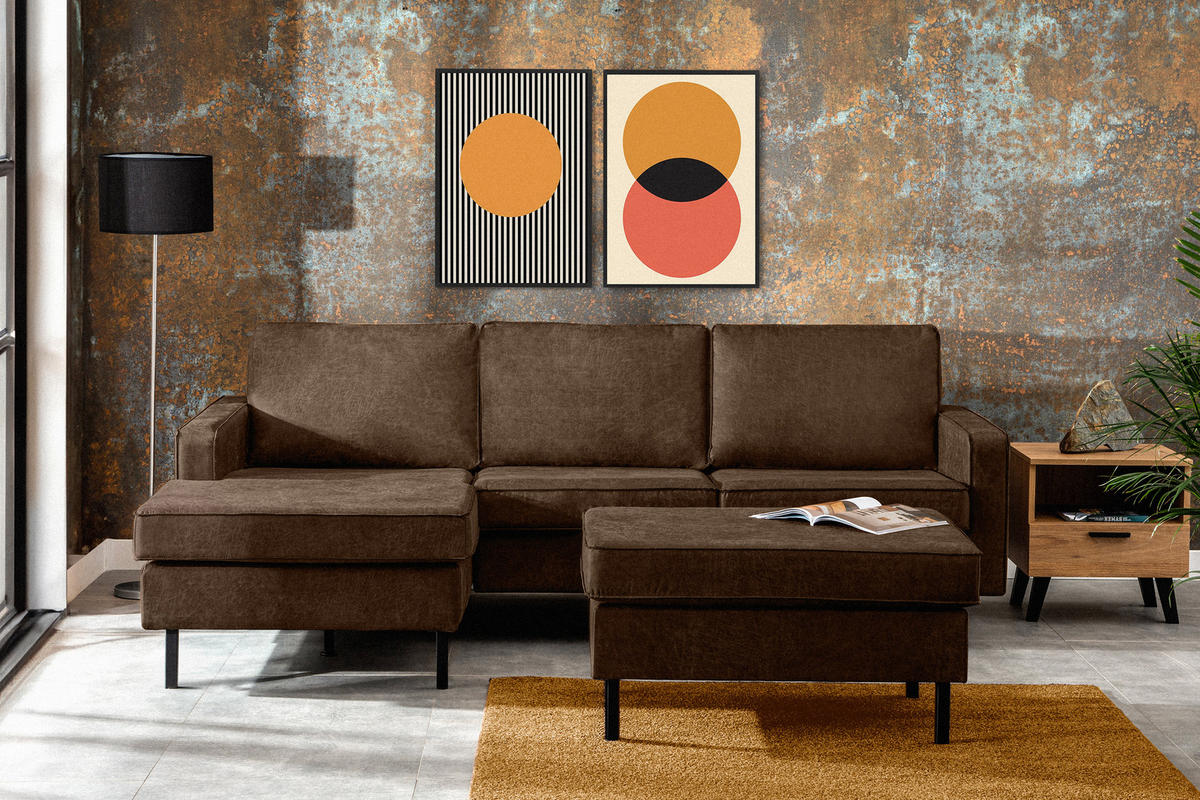 ECKSOFA-LINKS INVIA mit Armlehnen vintage, Lederoptik-Stoff, dunkelbraun - Dunkelbraun/Schwarz, Textil (234/160cm) - KONSIMO®