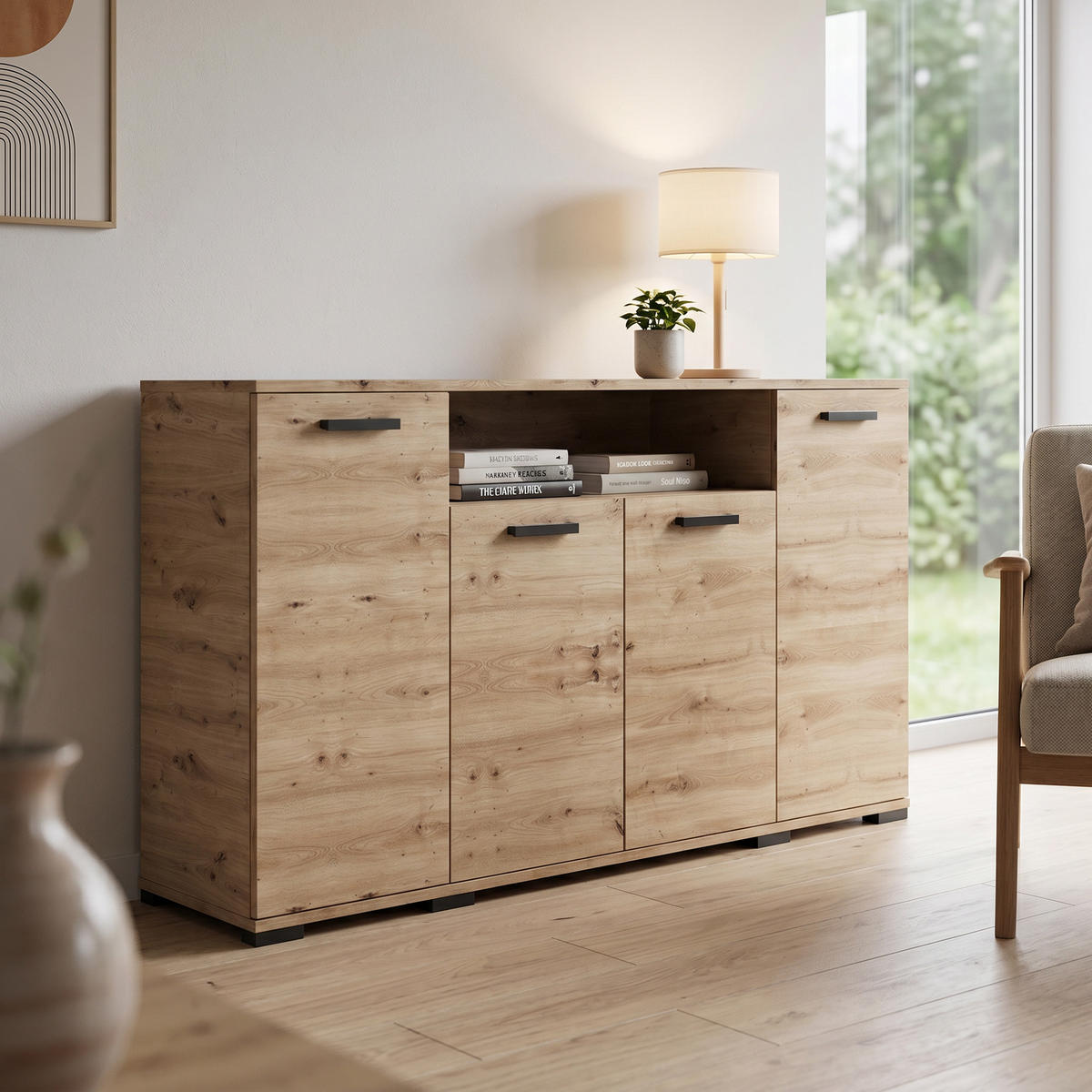 KOMMODE ALBANO 160/83/40cm mit 4 Schubladen Türen Eiche Artisan - Eiche Artisan, Holzwerkstoff (160/83/40cm) - MASSENO