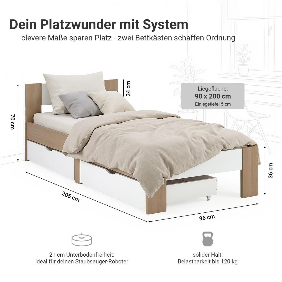 HOLZBETT Braun Weiß 90/200 cm mit Federkernmatratze und 2 Bettkästen - Braun, Holz (90/200cm) - Homestyle4u