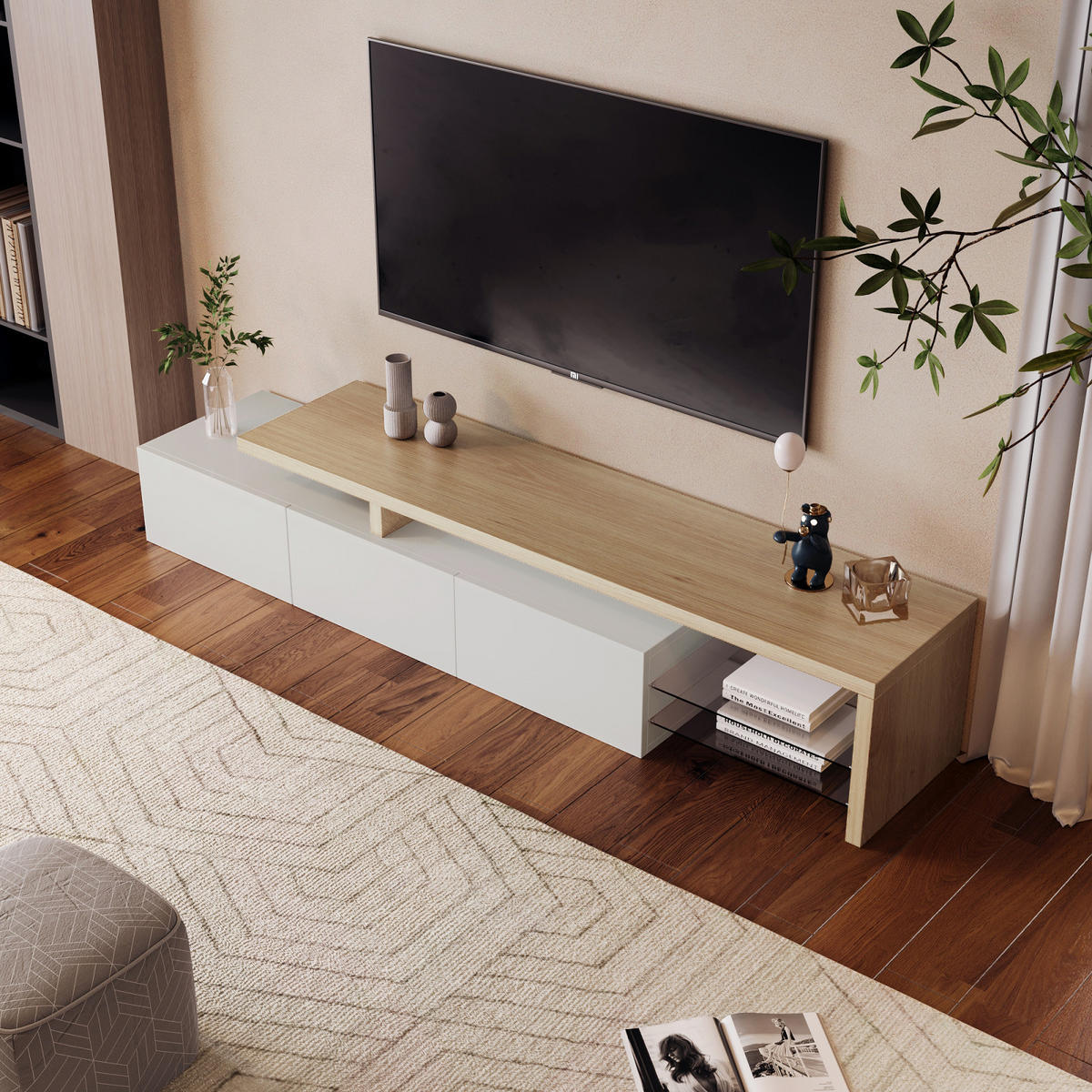 LOWBOARD 200cm Weiß/Holz LED Glas Stauraum - Weiß, Holzwerkstoff (39/42/200cm) - SHOPENTRA