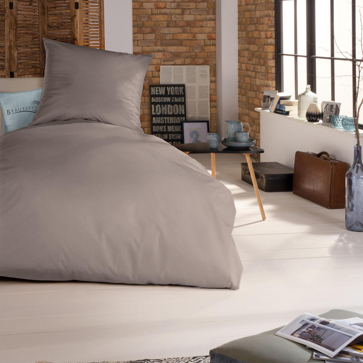 BETTWÄSCHE Julie 135/200 cm + Kissenbezug 80/80 cm Taupe Renforcé - Taupe, Textil (135/200cm)
