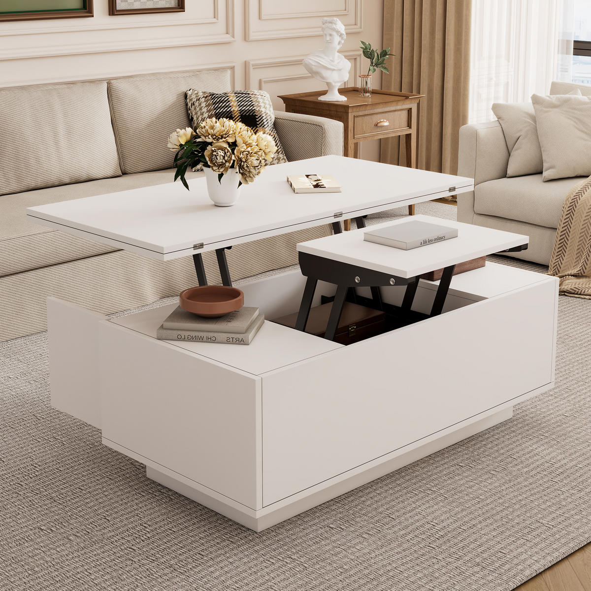 COUCHTISCH Weiß 100/50/43 cm mit Hubtischfunktion - Weiß, Holzwerkstoff (1/1/1cm) - PANGIVO