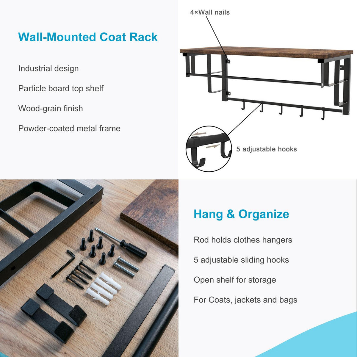 WANDGARDEROBE mit abnehmbaren Haken 60/30/27 cm - Braun, Metall (30/27/60cm) - Intirilife