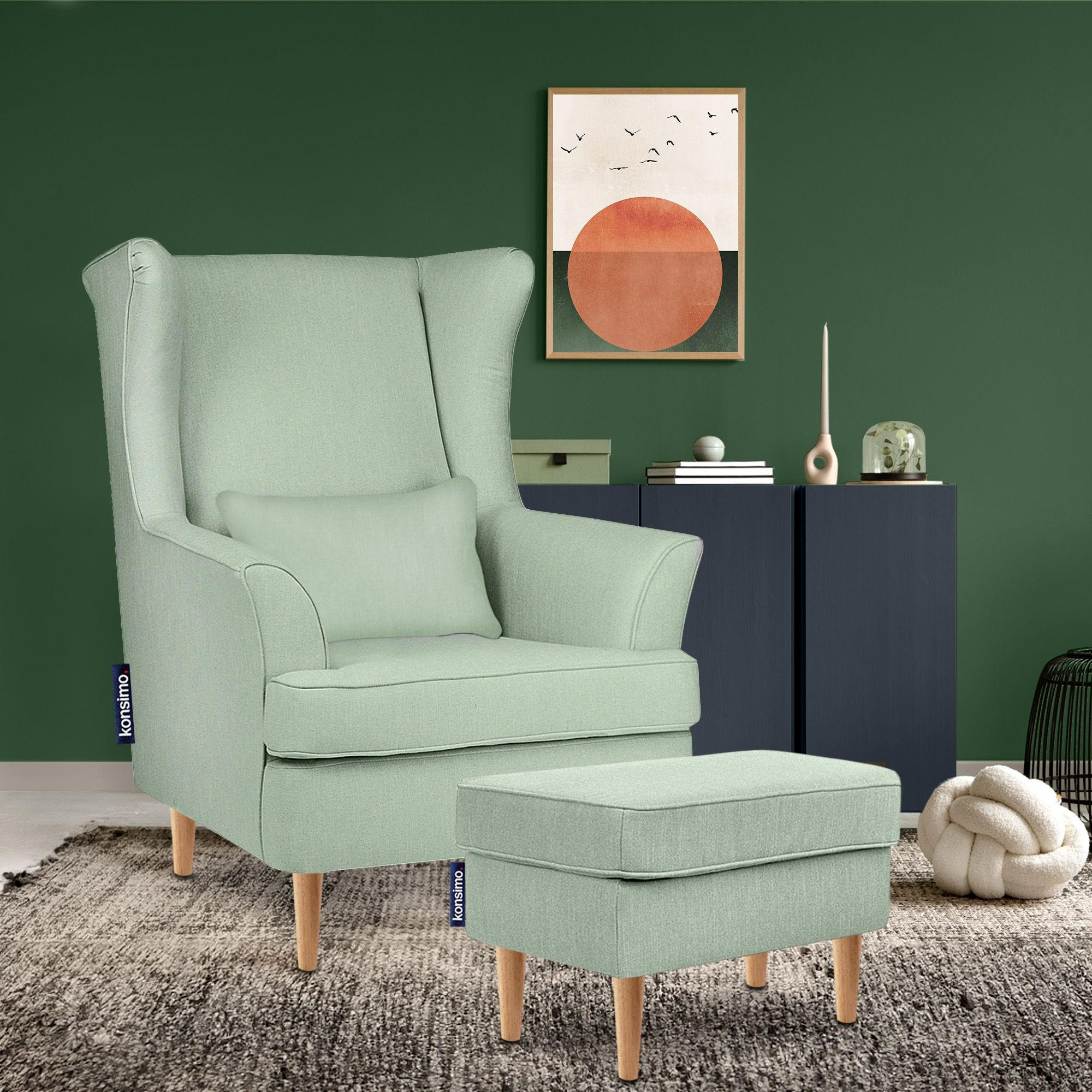 OHRENSESSEL STRALIS mit Hocker und inklusive dekorativem Kissen, mintfarben - Grün, Textil (82/108/80cm) - KONSIMO®