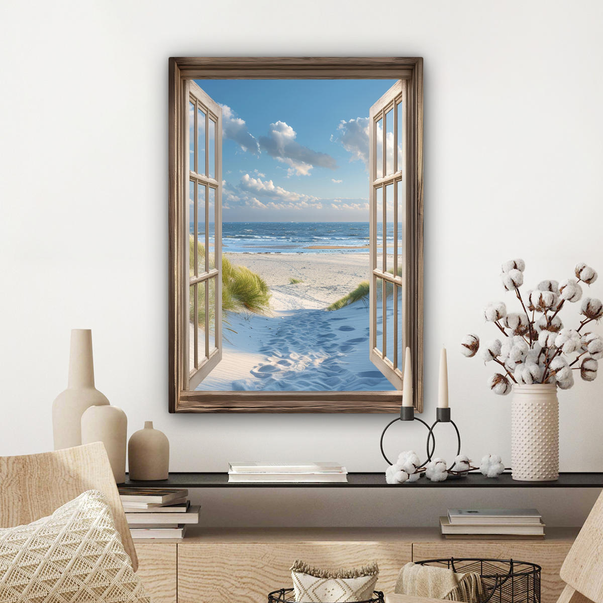 LEINWANDBILD Aussicht - Strand - Fenster - Dünen - Meer 60x80 cm - Hellblau, Textil (60/80cm) - MuchoWow