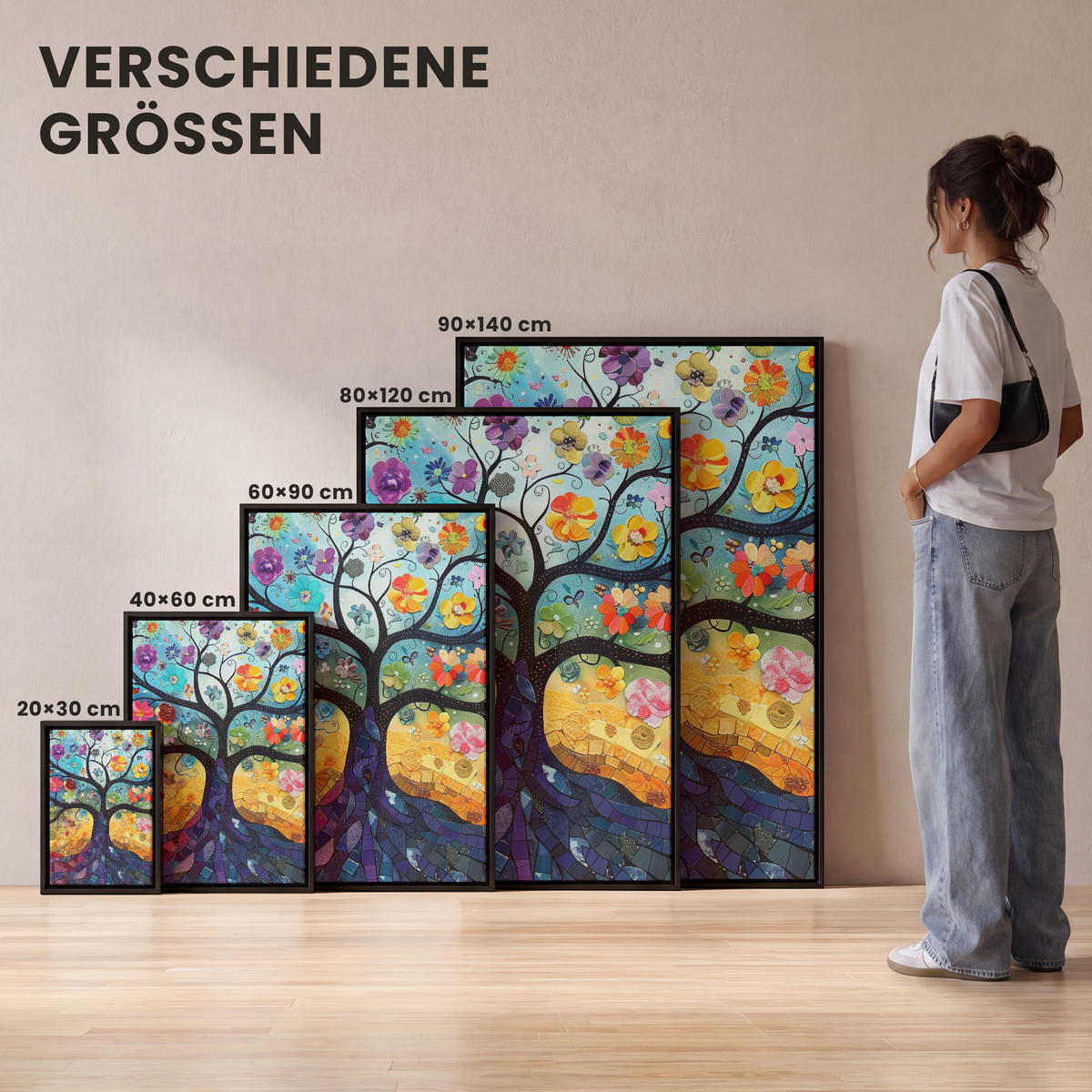 LEINWAND Bilder mit Rahmen - Kunst - Baum des Lebens - Blumen - Hippie - 100x150 - Dunkelblau, Textil (100/150cm) - MuchoWow