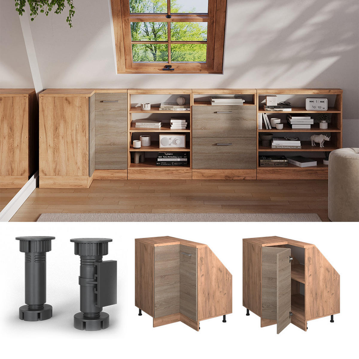 DACHSCHRÄGENSCHRANK ECKSCHRANK Rion Sonoma/Goldkraft Eiche 75.6 x 81.6 cm mit 1 Tür - Honigeiche/Sonoma Eiche, Holzwerkstoff (75.6/81.6/75.6cm) - Vicco