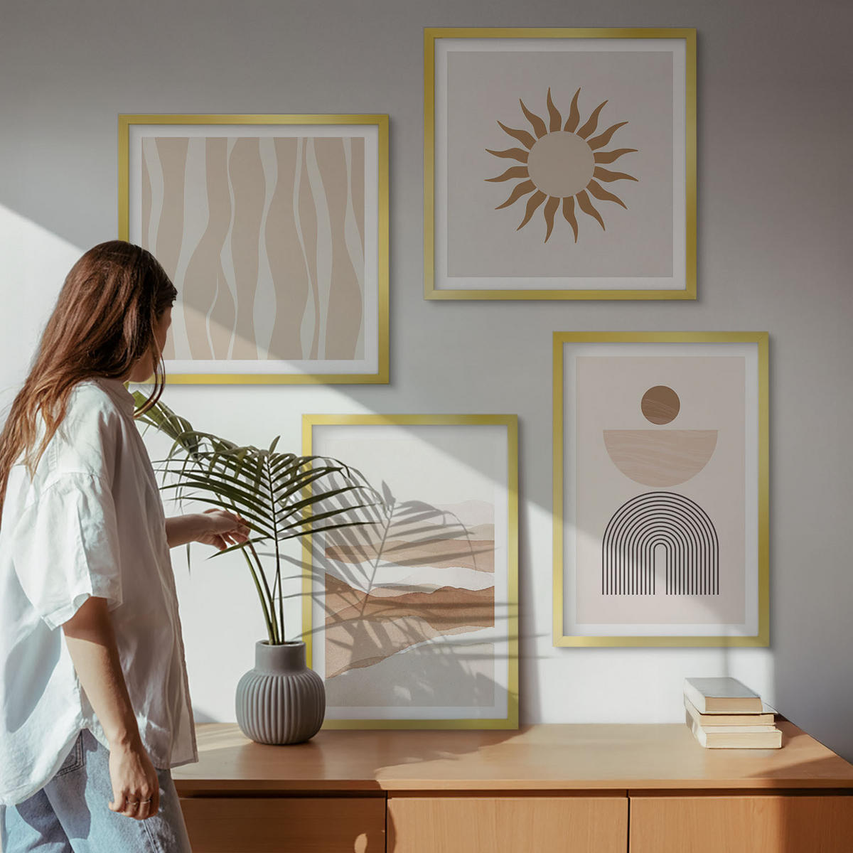 WANDBILDER 4er Set - 50x50 cm & 40x60 cm Goldrahmen - Abstrakte Landschafts- und Naturgeometrie - Goldfarben, Kunststoff (50/50cm) - ArtPrintCave