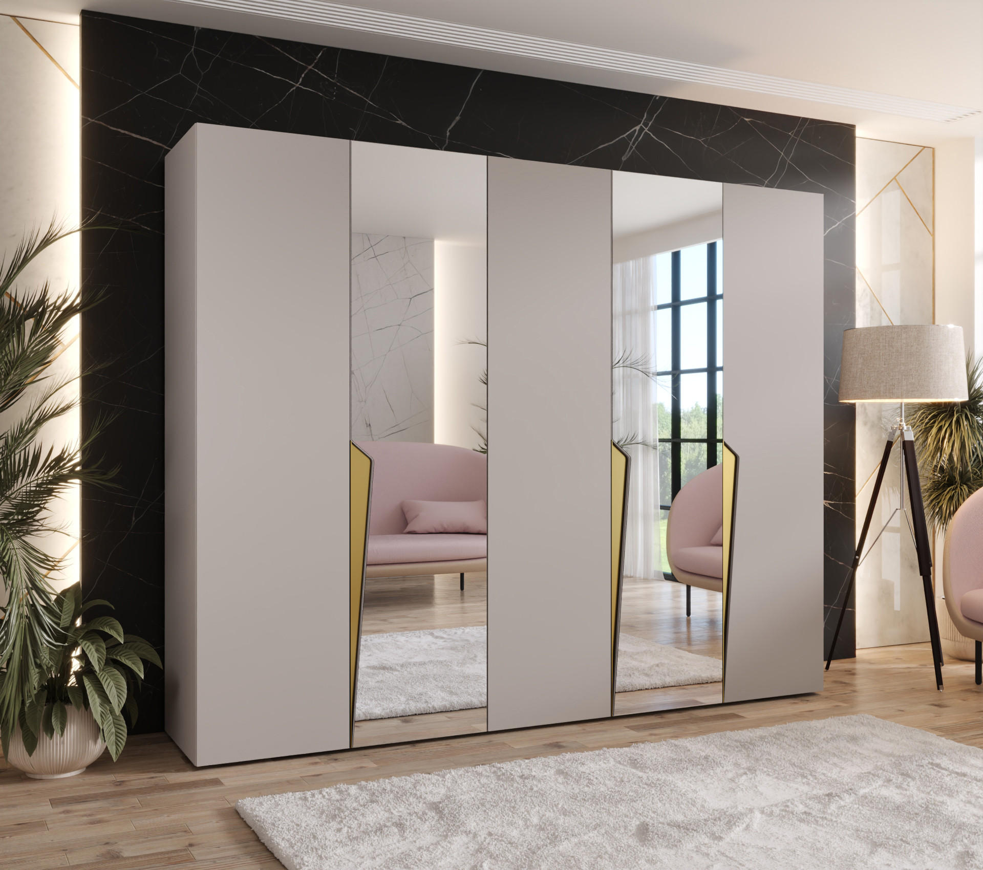 DREHTÜRENSCHRANK 202/250/52 5-türig - Beige/Goldfarben, Holz/Metall (250/202/52cm) - Abiks Möbel