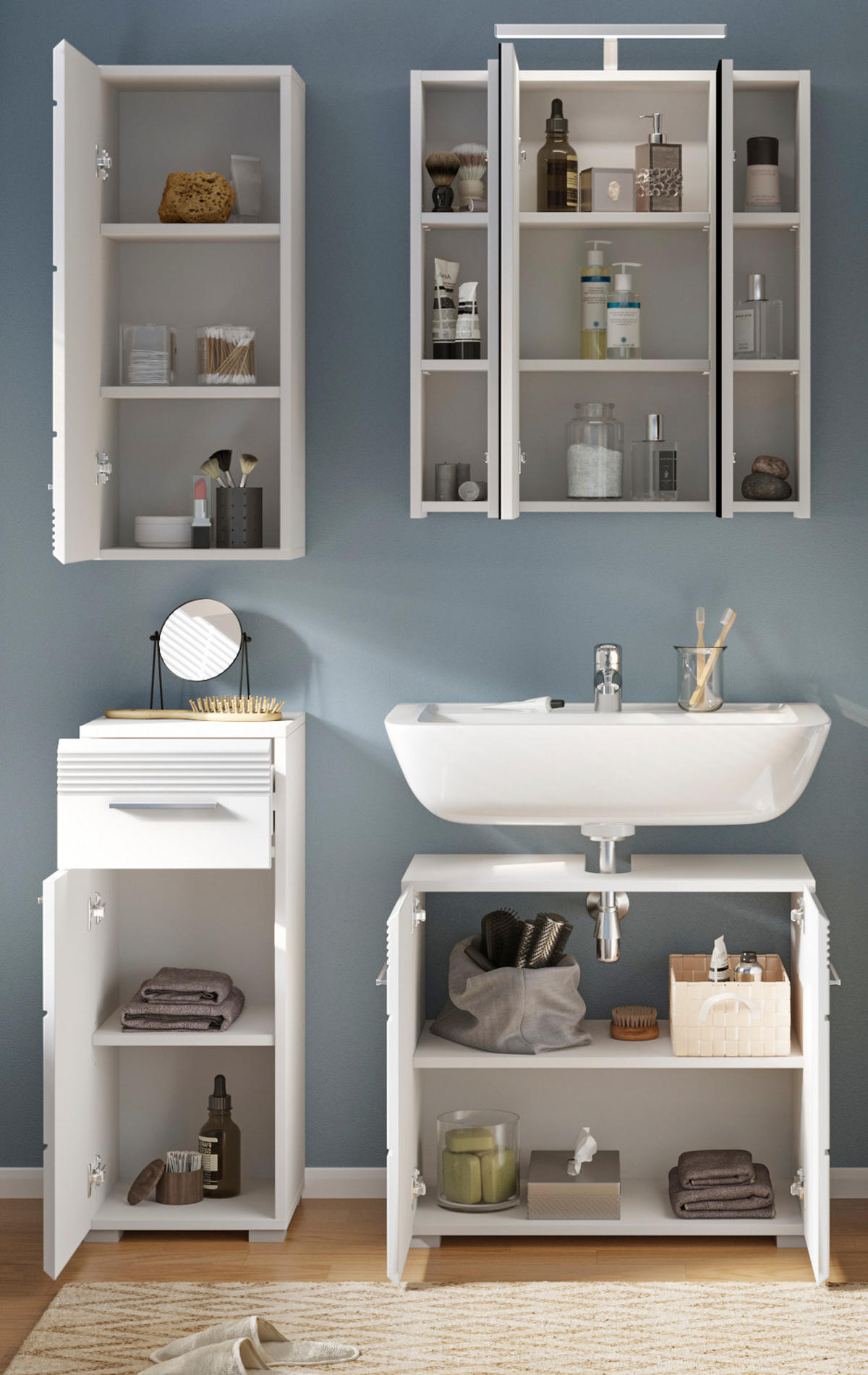 BADMÖBEL-SET, weiß Hochglanz 4-teilig, 105 x 182 cm, Badkombination mit Spiegelschrank - Weiß Hochglanz, Glas/Holzwerkstoff (105/182/34cm) - Inn.Furn