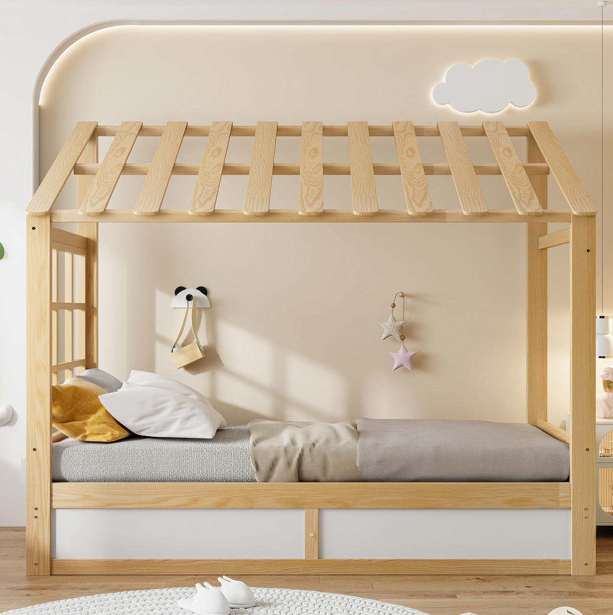 BETT 90/200 cm in Weiß/Natur mit Stauraum und Seitenfächern - Weiß, Holz (90/200cm) - Flora Grace