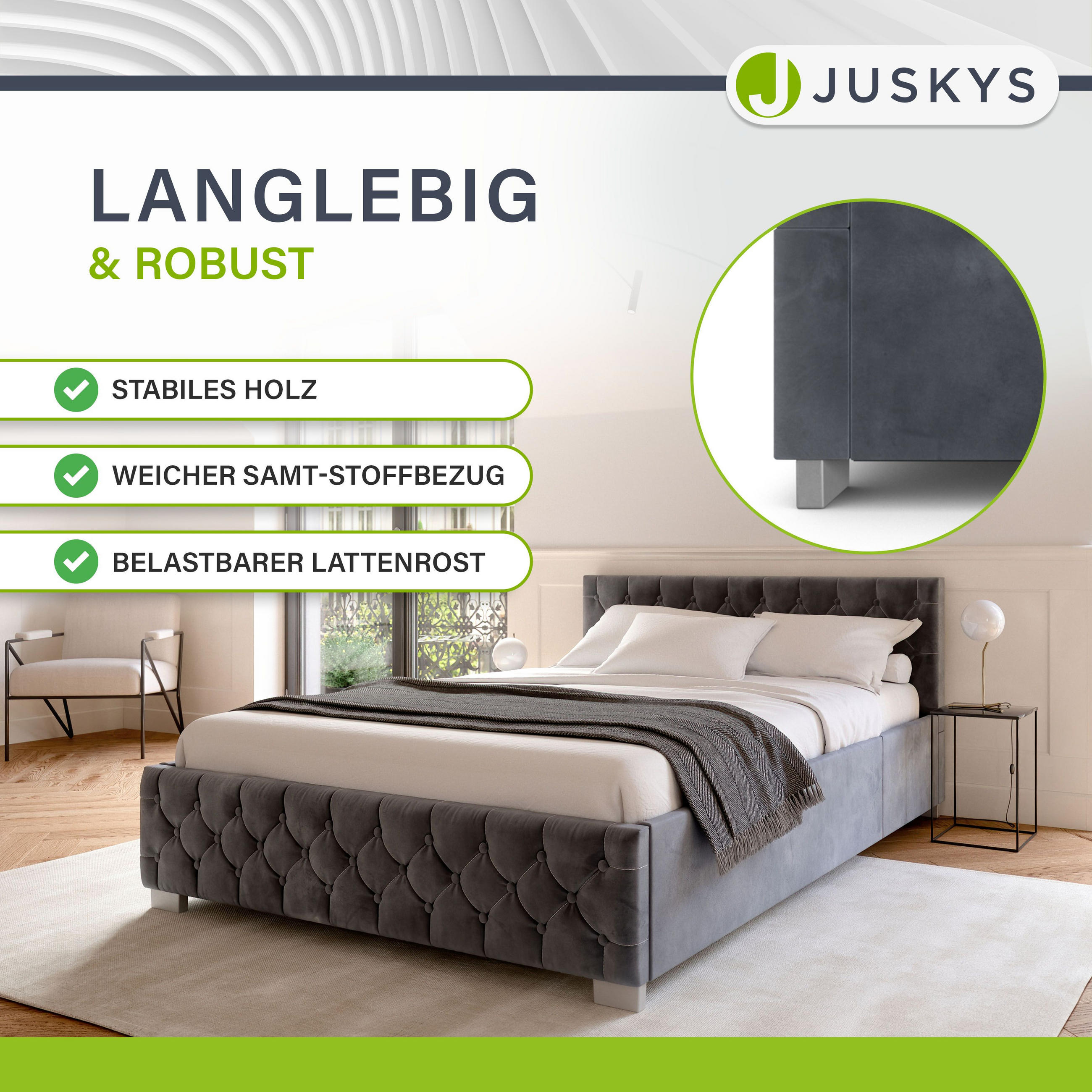 POLSTERBETT Nizza Dunkelgrau 140x200 cm mit Matratze - Dunkelgrau, Holz (140/200cm) - Juskys