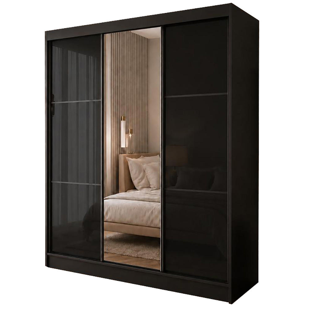 SCHWEBETÜRENSCHRANK Viva 180/216/61 Schwarz mit Lacobel-Glas und Schubladeneinsätze - Schwarz, Holzwerkstoff (180/216/61cm) - Beautysofa