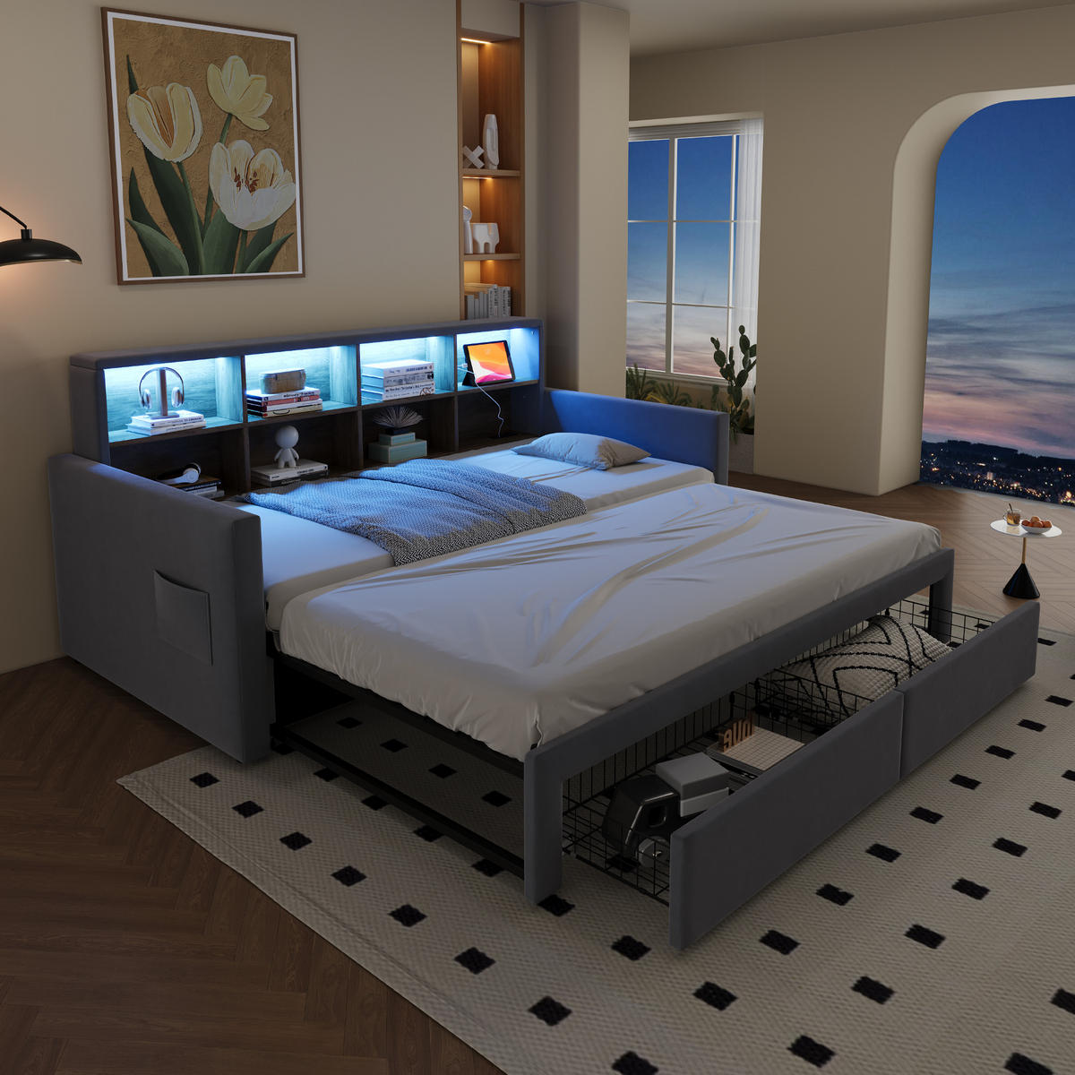 POLSTERBETT 90/190 cm Hellgrau aus Samt mit Stauraum LED-Beleuchtung und Ladeanschlüssen - Hellgrau, Textil (90/190cm) - OKWISH