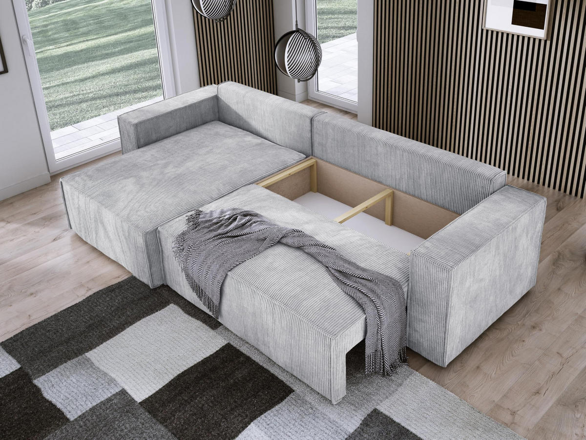 ECKSOFA POSO XL UNIVERSAL, Schlaffunktion und Lattenrost - L-Form, Cord, Federung auf Wellfedern, 274x143x83 cm, Links Silver - Silberfarben, Holz/Textil (277/143cm) - DomoHome