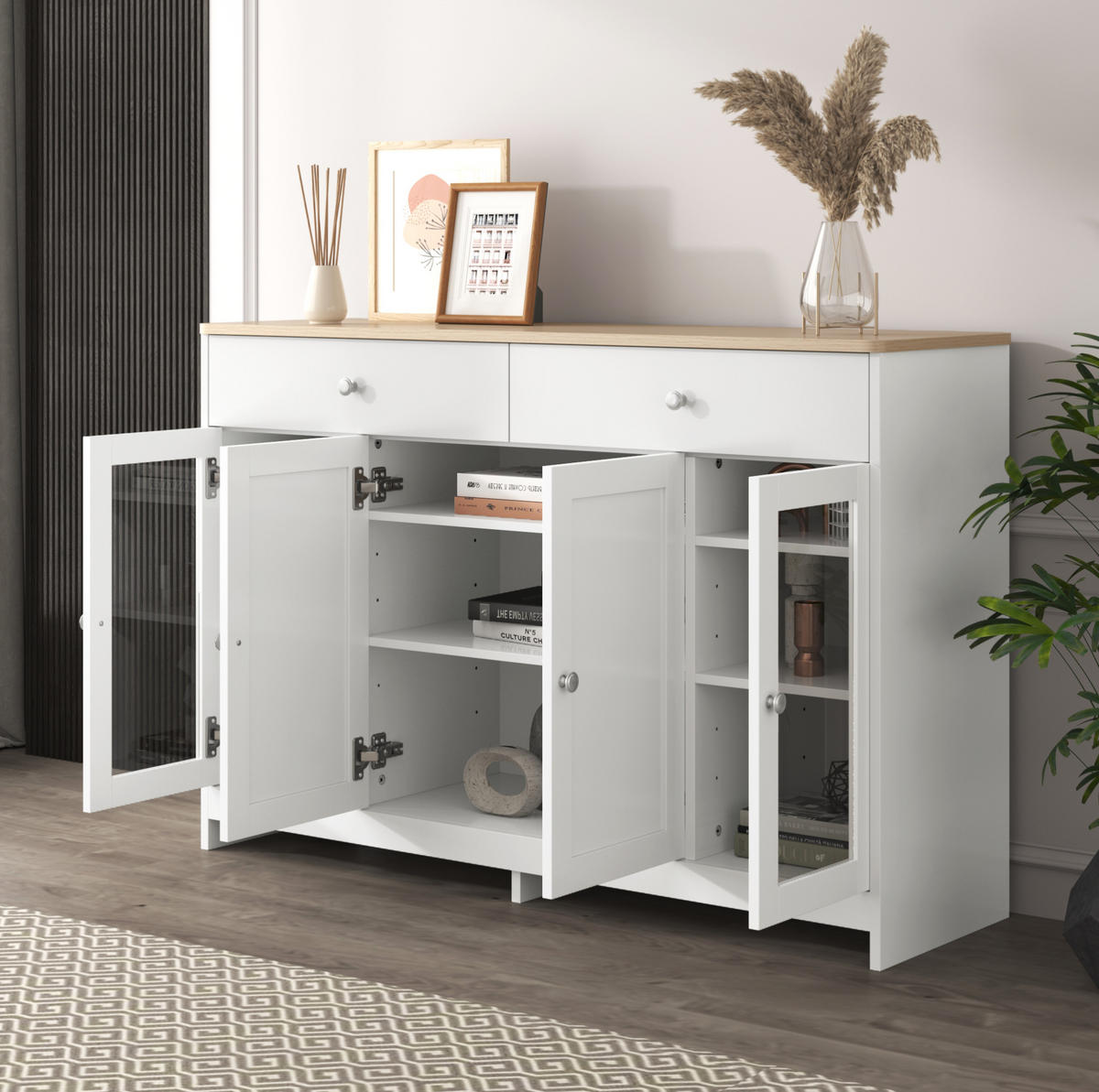 SIDEBOARD 120/37/80 cm in Weiß und Holzfarben mit 4 Türen und 2 Schubladen - Weiß, Holzwerkstoff (120/80/37cm) - Flora Grace
