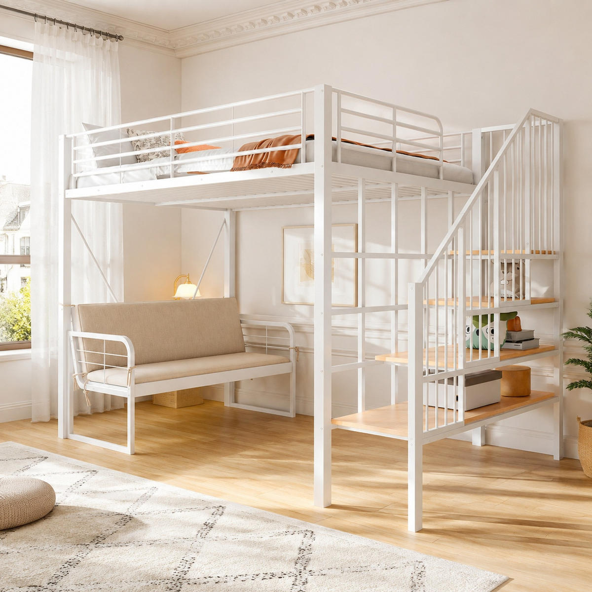 HOCHBETT 140/200 mit Polstersofa, Stauraumtreppe und Metallrahmen in Weiß - Weiß, Holzwerkstoff/Metall (140/200cm) - EVRYAE