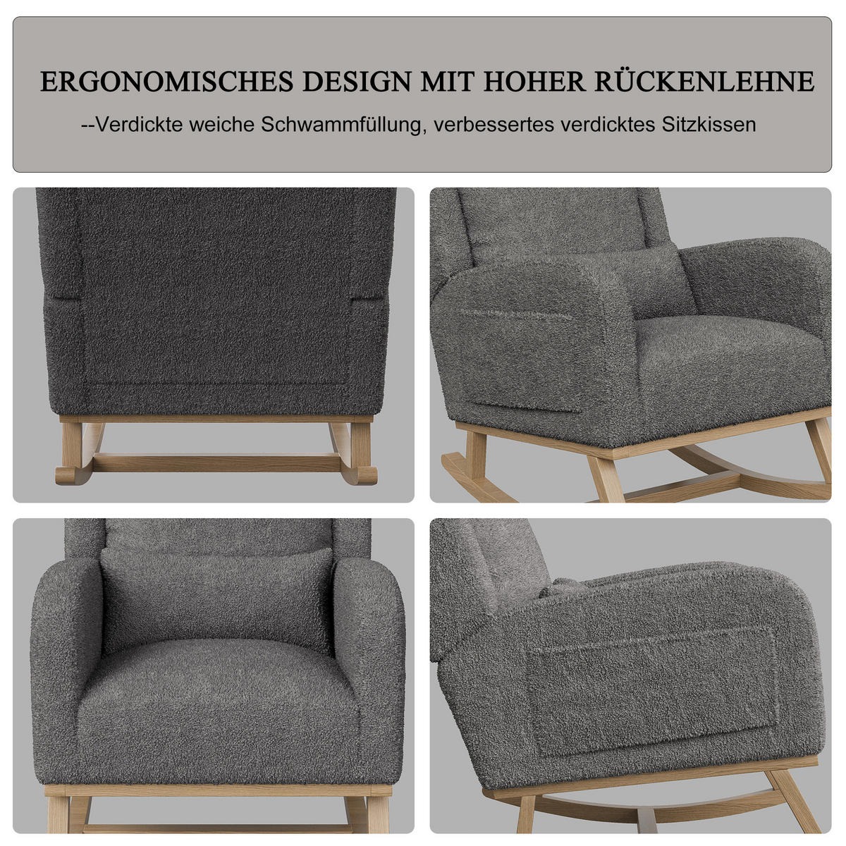 SCHAUKELSTUHL Plüsch Lendenstütze Taschen Holzfüße grau - Grau, Holz (52/96/93cm) - LEBENLANG