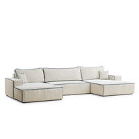 WOHNLANDSCHAFT Deseo Ecru-Dunkelblau Chenille-Stoff - Ecru/Schwarz, Holz/Holzwerkstoff (398/70/148cm) - Maison de Reve