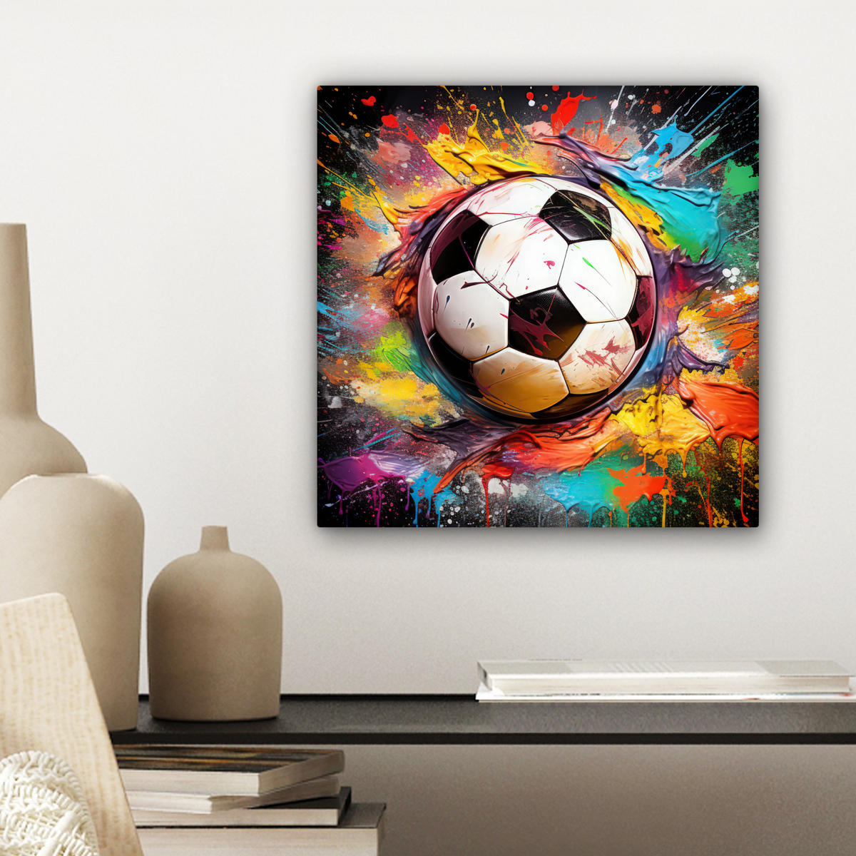 LEINWANDBILD Fußball - Farbe - Farben - Schwarz - Weiß Deko Wohnzimmer 20x20 cm - Weiß, Textil (20/20cm) - MuchoWow
