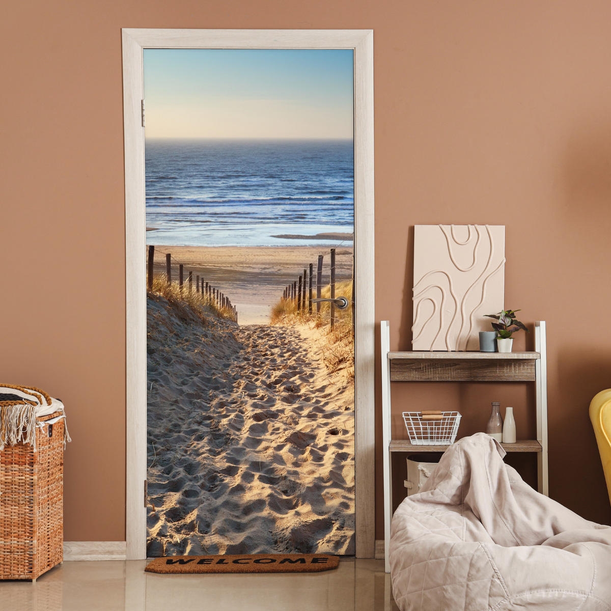 TÜRAUFKLEBER Selbstklebend - Strand - Meer - Niederlande - Dünen - Sonne 95x215 cm - Türtapete - Blau, Kunststoff (95/0.1cm) - MuchoWow