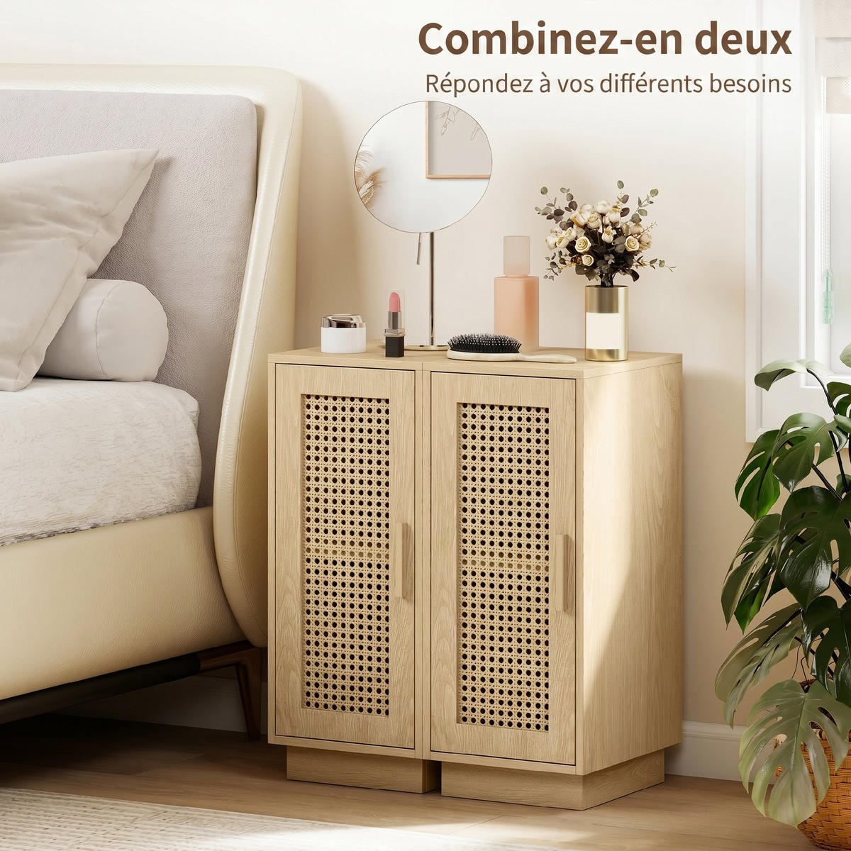 NACHTSCHRANK DE-12977 verstellbares Regal und geflochtene Tür Naturholz - Naturfarben, Holzwerkstoff (25/60/30cm) - ComfortXL