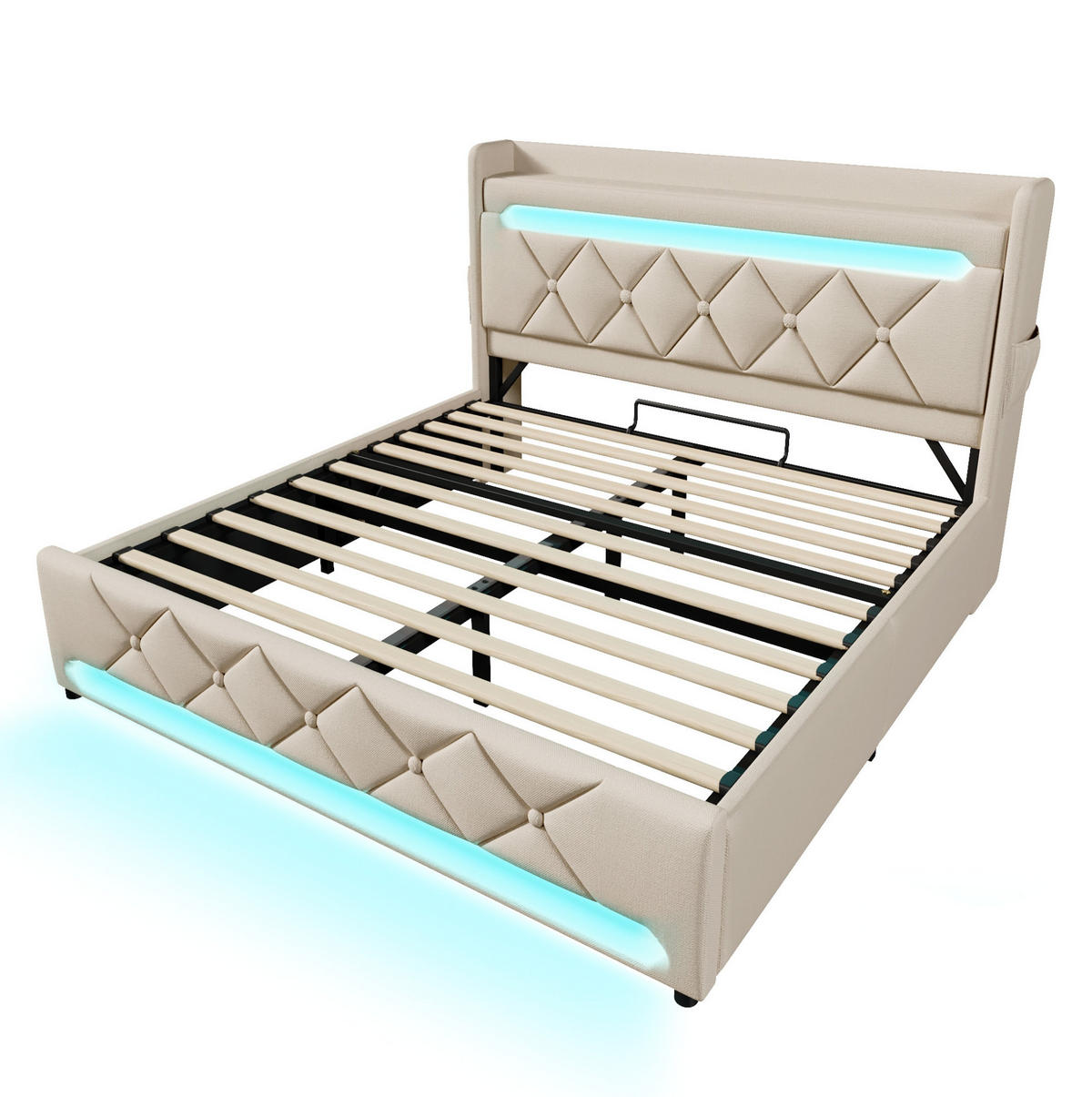 POLSTERBETT 180/200 cm Beige aus Leinen mit LED und Stauraum - Beige, Textil (180/200cm) - OKMYHOME
