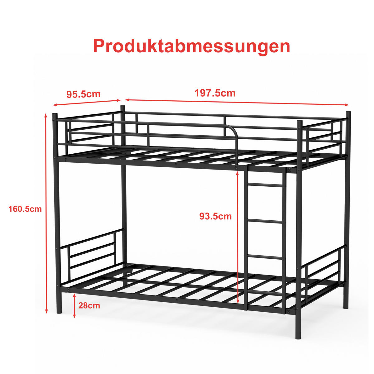 ETAGENBETT Stahl 90x190 cm Schwarz mit Leiter und hohem Geländer platzsparend - Schwarz, Metall (90/190cm) - Modfu