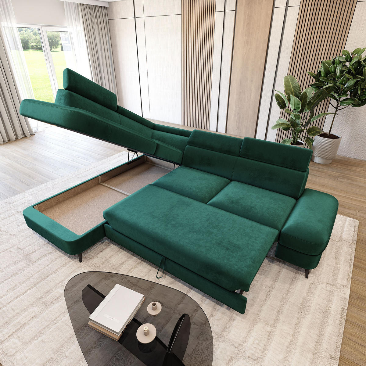 ECKSOFA AVISE M L-S Grün Velours-Stoff mit Schlaffunktion - Grün, Holzwerkstoff/Textil (268/195cm) - MASSENO