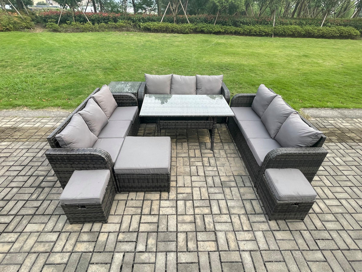 GARTENTISCHGRUPPE mit 3 Hocker Polyrattan Dunkelgrau 12-Sitzer - Dunkelgrau/Grau, Glas/Kunststoff - Fimous