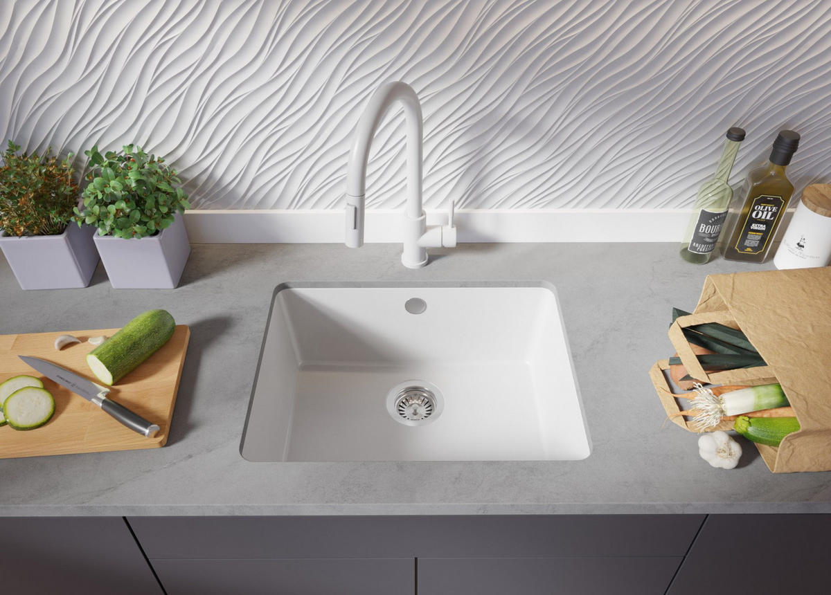 UNTERBAUSPÜLE GRANIT Venedig Easy, 2-er set Weiß 56/44 cm 1 Becken + Ablauf-Set ab 60er Unterschrank - Chromfarben/Weiß, Kunststoff (56/20/44cm) - Primagran