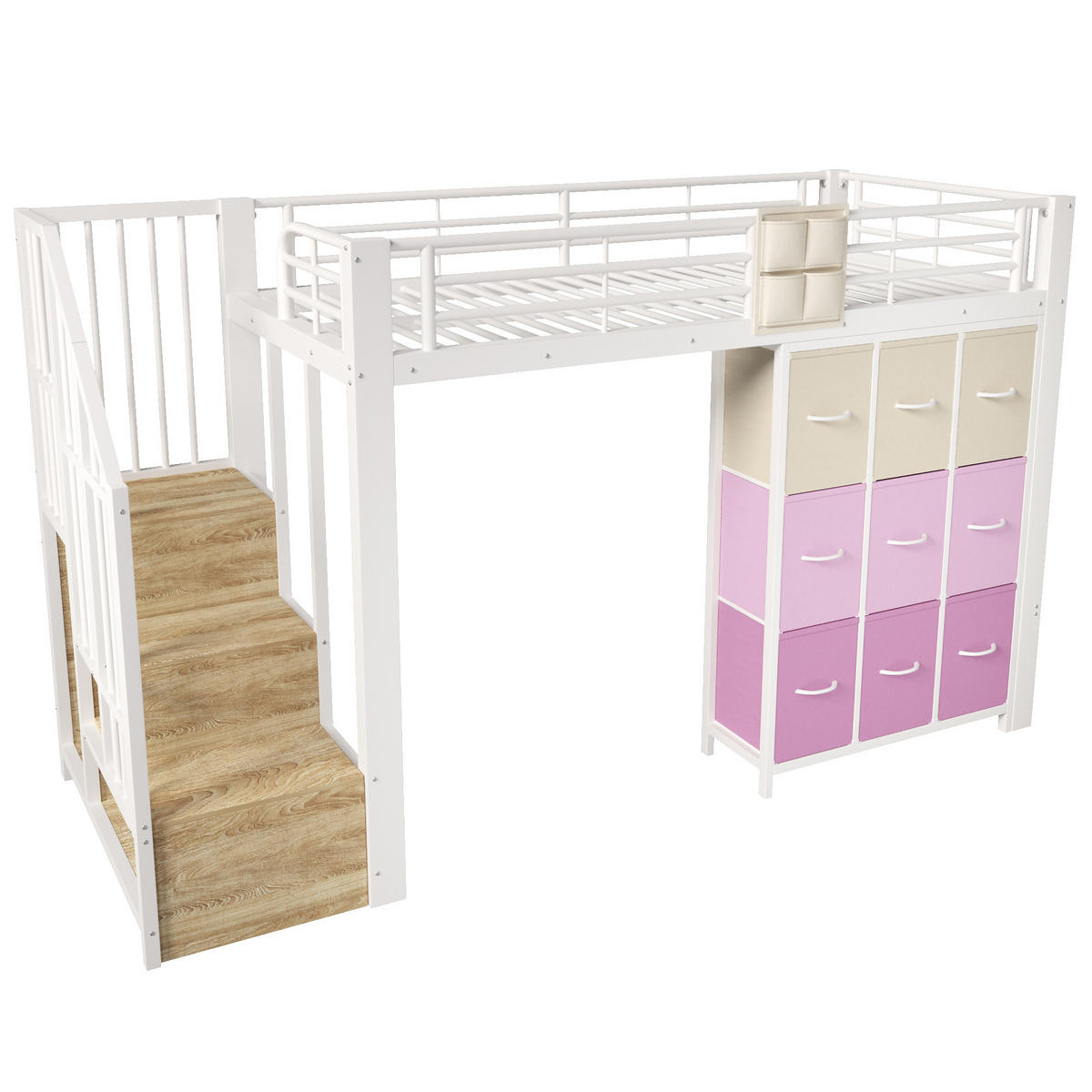HOCHBETT 90/200 cm mit Metallgestell Weiß, Schubladen, Kleiderstange und Stauraumtreppe - Weiß, Metall