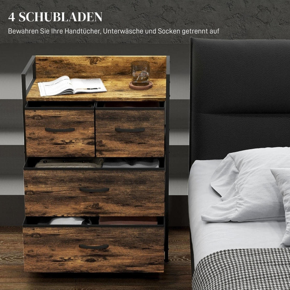 KOMMODE aus Polyester und Stahl 29x60x85 cm Rustikalbraun mit 4 Stoffschubladen, Ablage und Industrial-Design - Braun, Holzwerkstoff (60/85/29cm) - Modfu