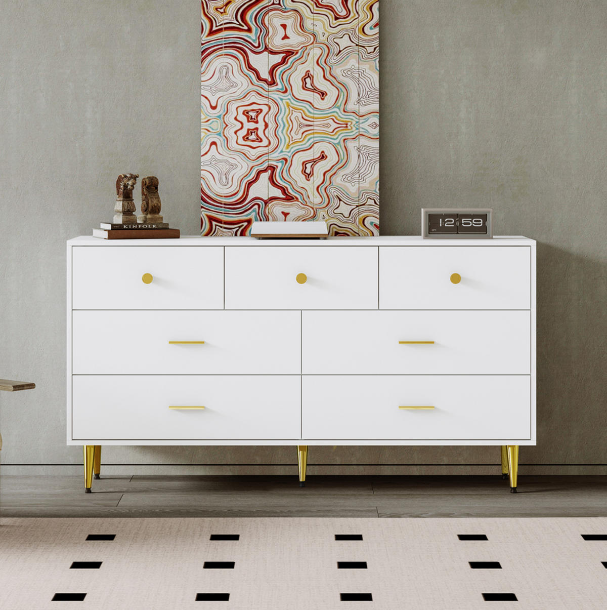 SIDEBOARD aus Spanplatte 140x35x76 cm Weiß mit 7 Schubladen, goldfarbenen Griffen und Metallbeinen - Weiß, Holzwerkstoff (140/76/35cm) - Modfu