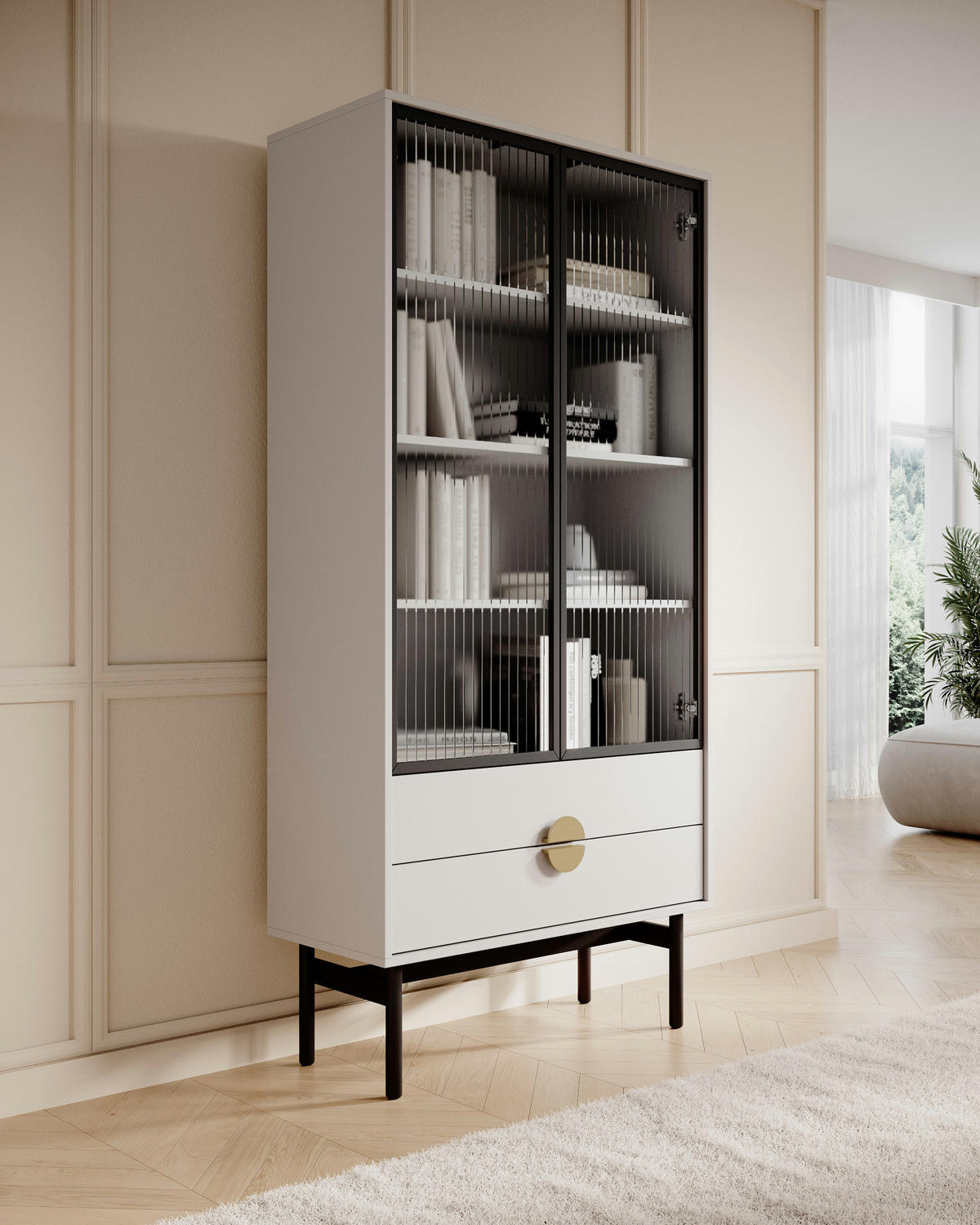 VITRINE Stoon Weiß 175 cm - Goldfarben/Schwarz, Holzwerkstoff/Metall (85.5/179/41cm) - Selsey