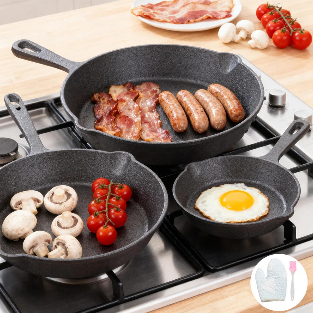 PFANNENSET Gusseisen 3-teilig Bratpfanne Topf Schwarz - Schwarz, Metall - Kaket