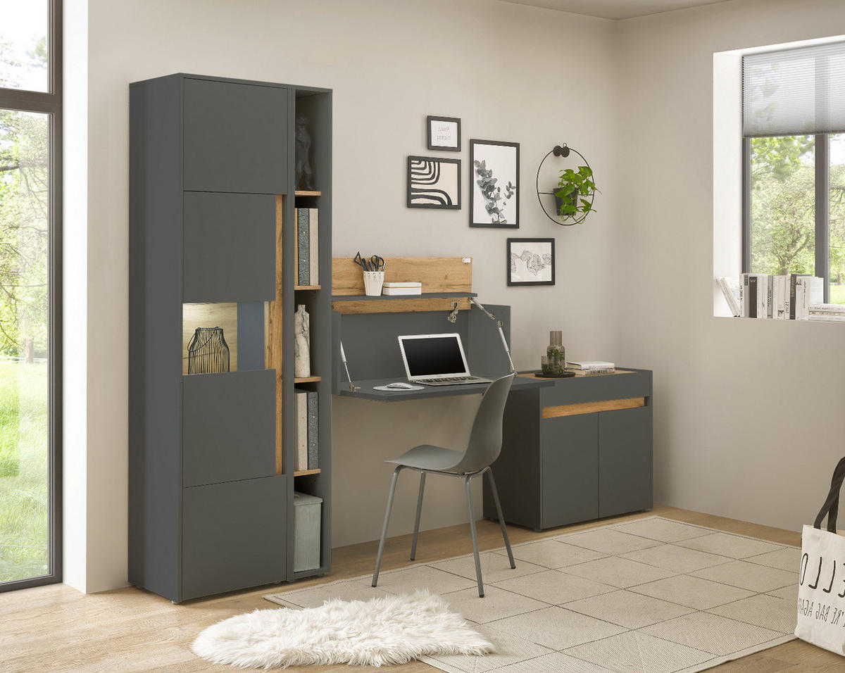 AKTENSCHRANK Set 4-teilig grau matt, Eiche Wotan 290 cm, Büromöbelkombination mit Sekretär und viel Stauraum - Eiche Wotan/Schwarz, Glas/Holzwerkstoff (290/200/40cm) - Furn.Design