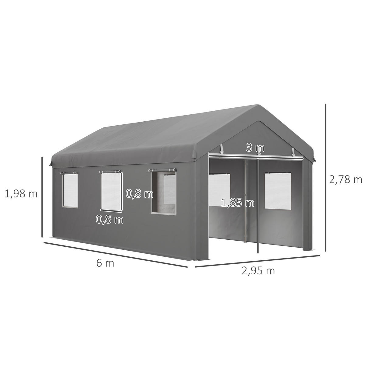 CARPORT DE-12609 600/295/278 cm 160 g/m² mit 2 Rolltüren und 6 Fenstern Grau - Hellgrau, Kunststoff (295/278/600cm) - ComfortXL