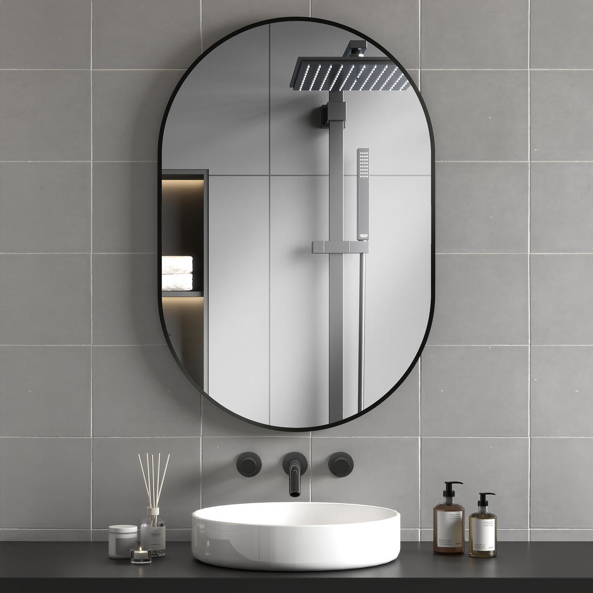 BADEZIMMERSPIEGEL Ovaler Wand-Badezimmerspiegel mit Aluminiumrahmen, 60 x 90 cm ,Schwarz - Schwarz, Glas (3/90/60cm) - Vallsero