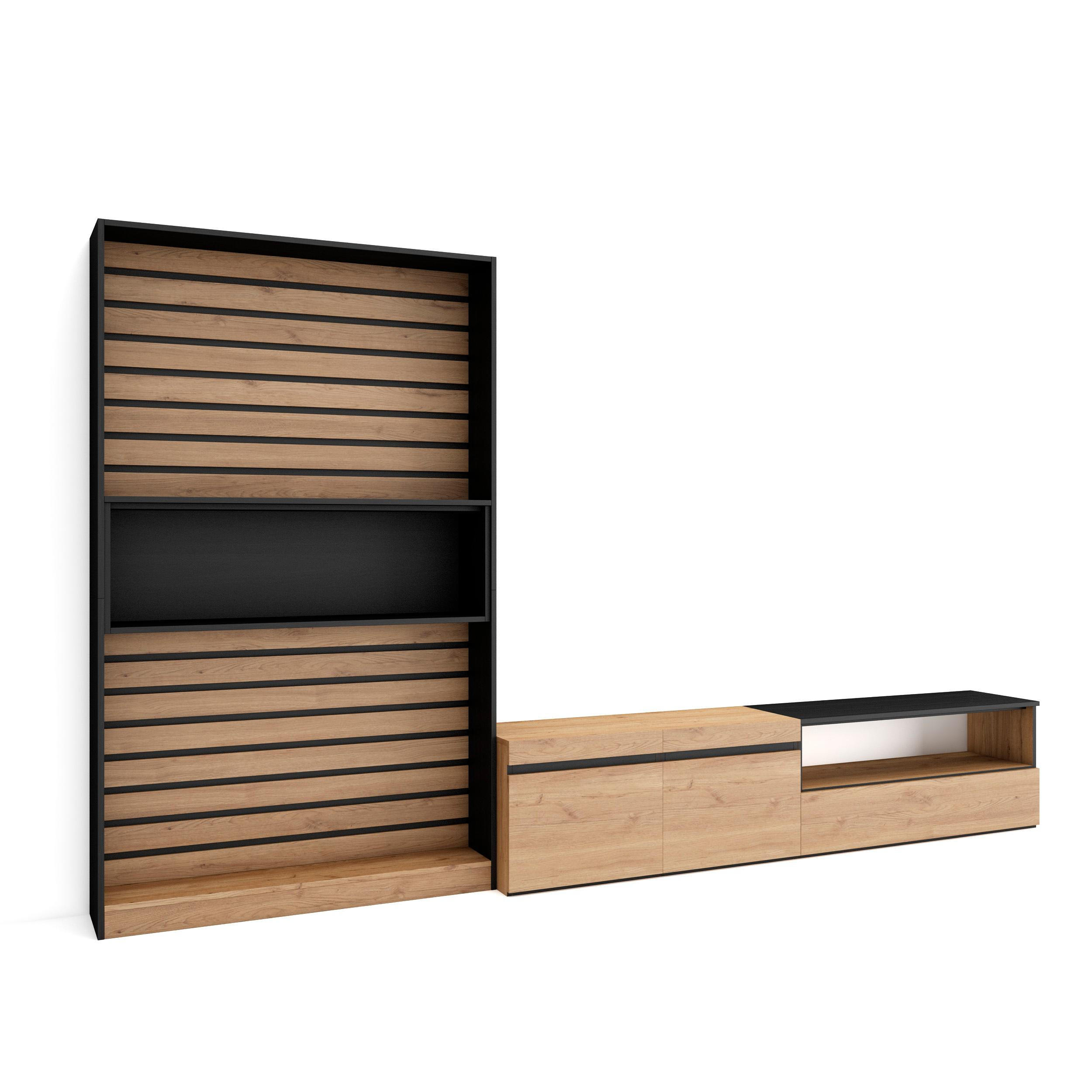 Skraut Home Wohnwand Eiche, Schwarz 310x186x35 cm