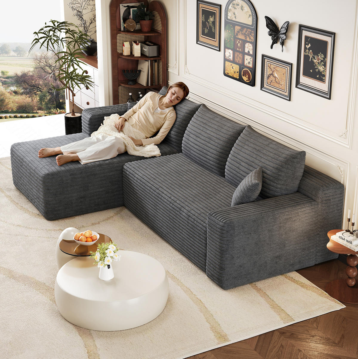 ECKSOFA 241 cm aus Stoff mit weichem Cordbezug und Chaise Lounge Dunkelgrau - Dunkelgrau, Textil (151/241cm) - Modenvie