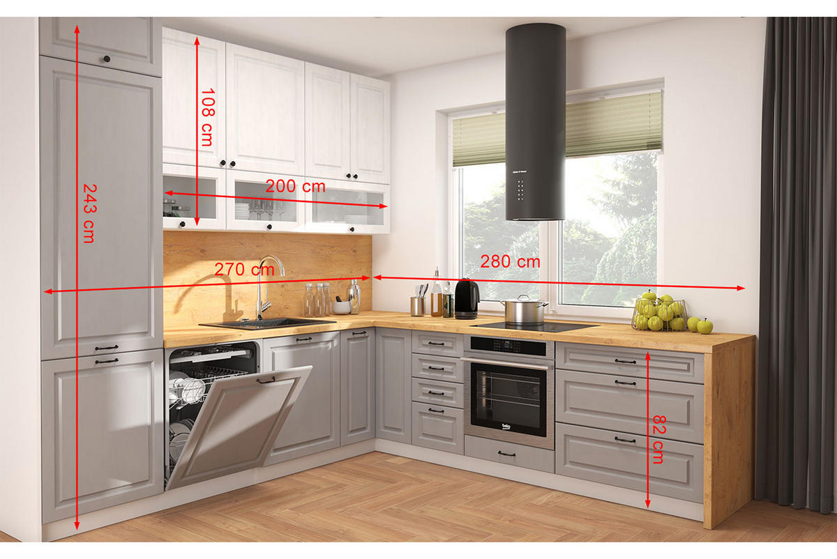 WINKELKÜCHE Elbing grey stone matt / weiß matt 14-teilig mit Vollauszug (HETTICH InnoTech Atira) - Weiß/Grau, Holzwerkstoff/Metall (270/243/280cm) - Feldmann-Wohnen