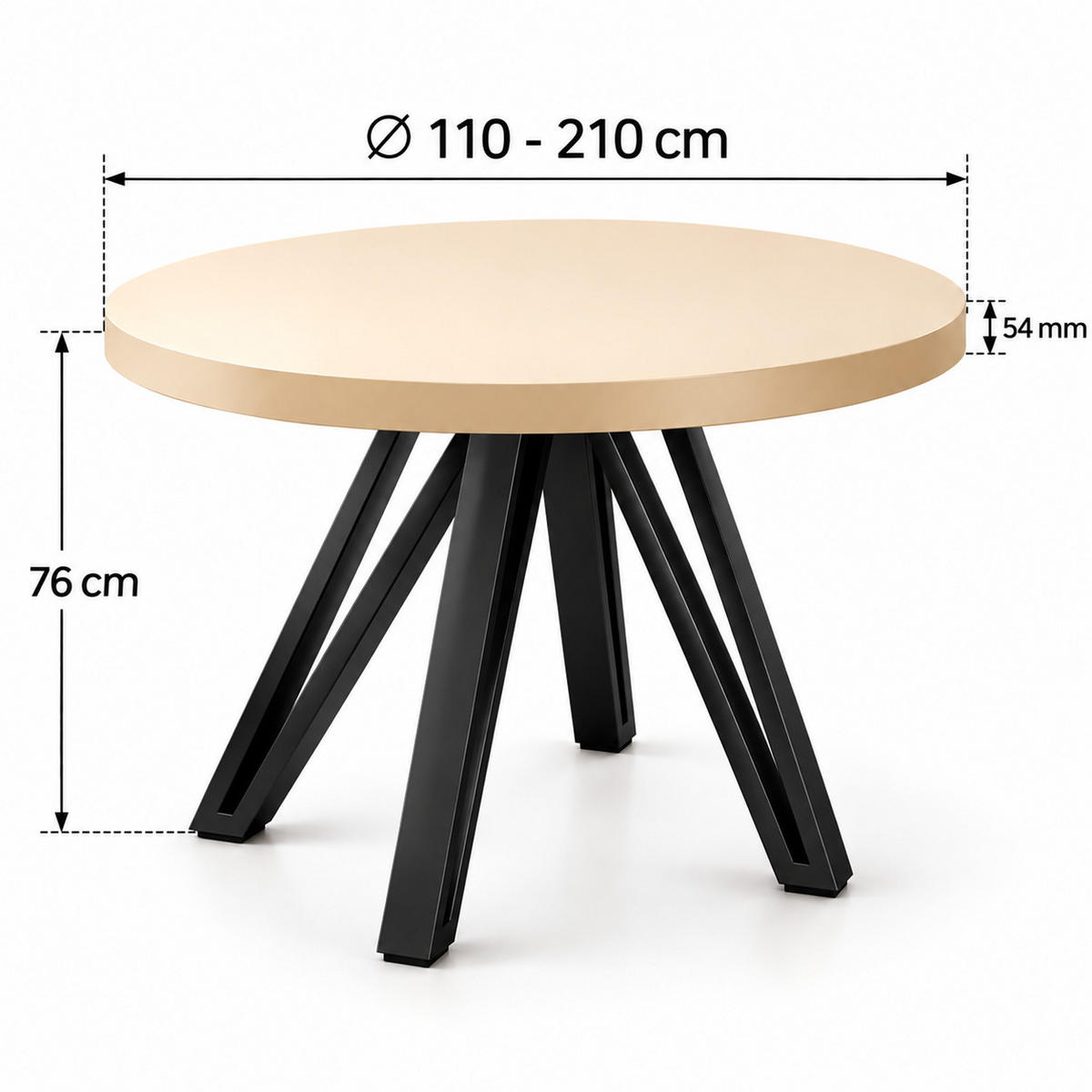 ESSTISCH rund ausziehbar 110/210/76 cm, Kaschmir, 54 cm Tischplatte + Industrial Metallgestell Schwarz - Kaschmir/Schwarz, Holzwerkstoff/Metall (110/210/76cm) - Damale Möbel