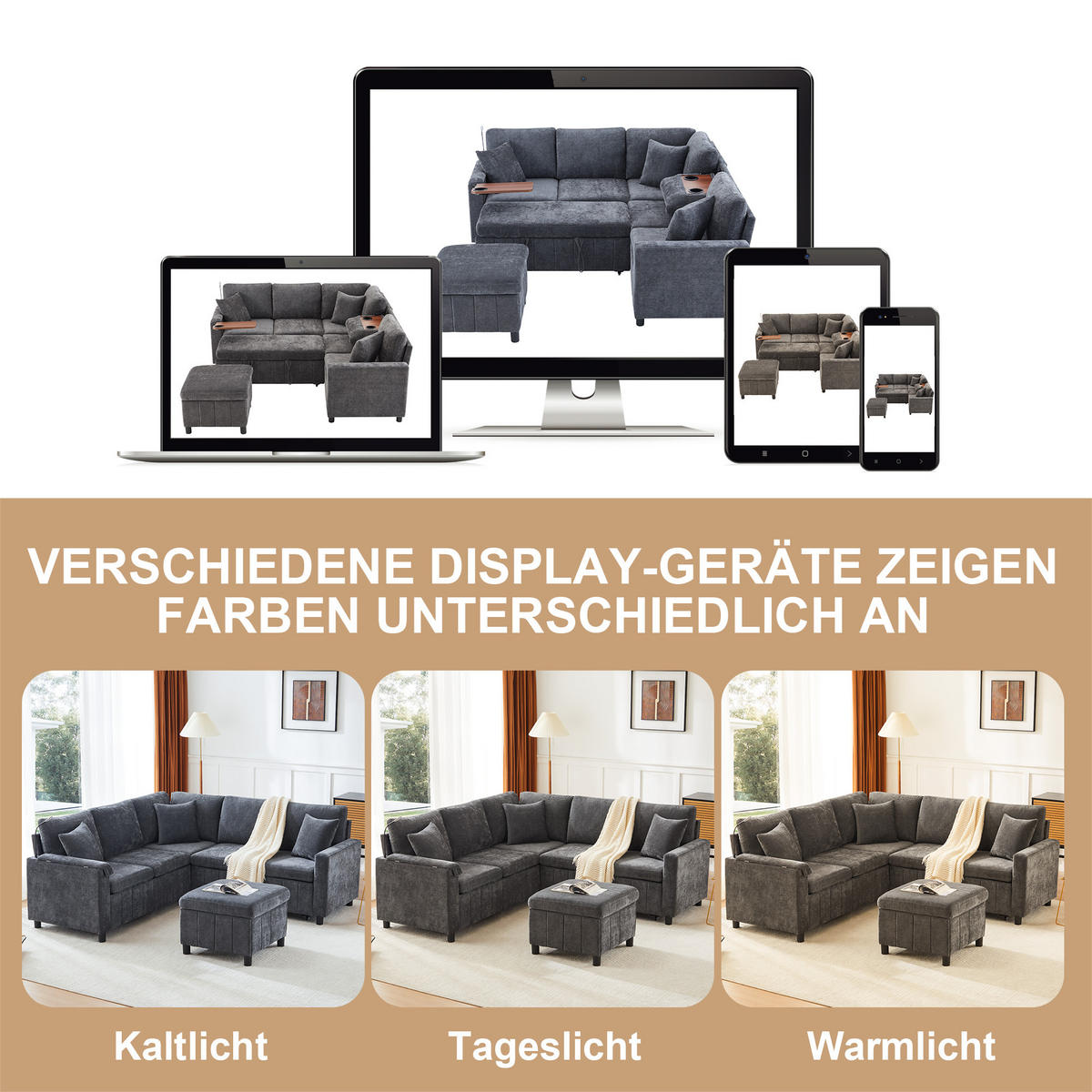 SOFA Grau Ecksofa Chenille Schlaffunktion USB Couchtisch 205cm - Grau, Textil (205/85/205cm) - FLIEKS
