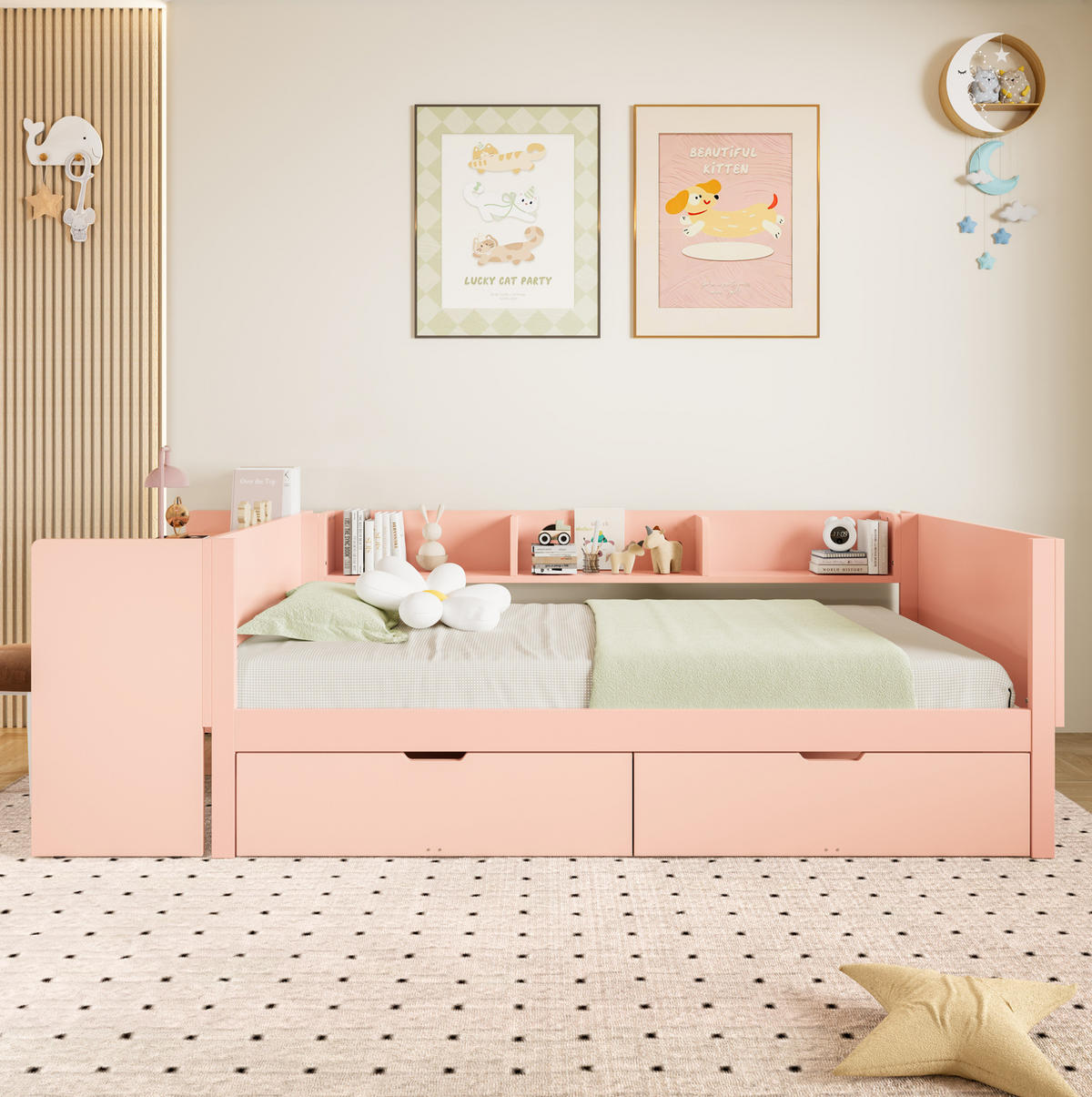 EINZELBETT aus Kiefernholz und Spanplatte 90x200 cm Rosa mit Schreibtisch, 2 Schubladen und Regalen - Rosa, Holz (90/200cm) - IVMEU