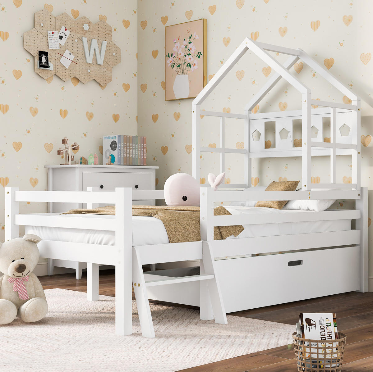 HOCHBETT 90/200 cm in Weiß mit Rausfallschutz, Leiter und Schublade - Weiß, Holz (90/200cm) - BEAOK