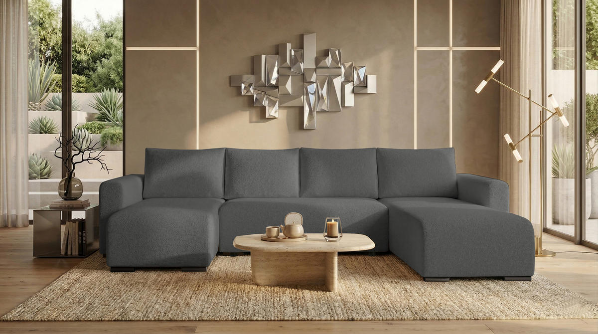 WOHNLANDSCHAFT DORA U mit Bettkasten und Schlaffunktion, U-Form, bequem - Dunkelgrau, Textil (305/85/140cm) - Storez24