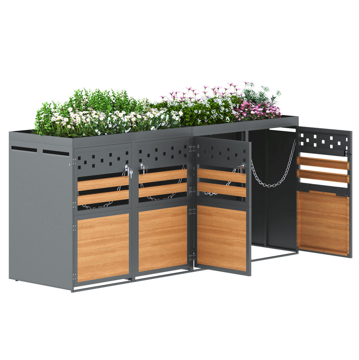 MÜLLTONNENBOX aus Metall in Grau Natur mit Pflanzendach - Grau, Metall (264/125/80cm) - Modfu