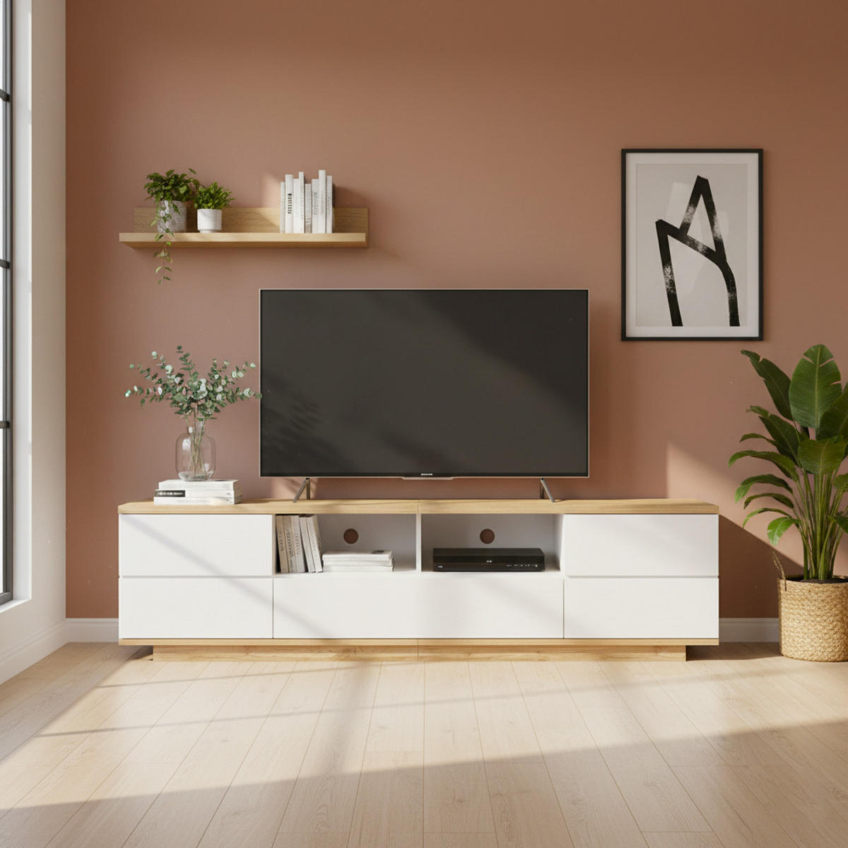 TV-SCHRANK 180 cm in Weiß & Holz-Optik Modernes Color-Block-Design - Weiß, Holzwerkstoff (180/46/38cm) - Urban Meuble