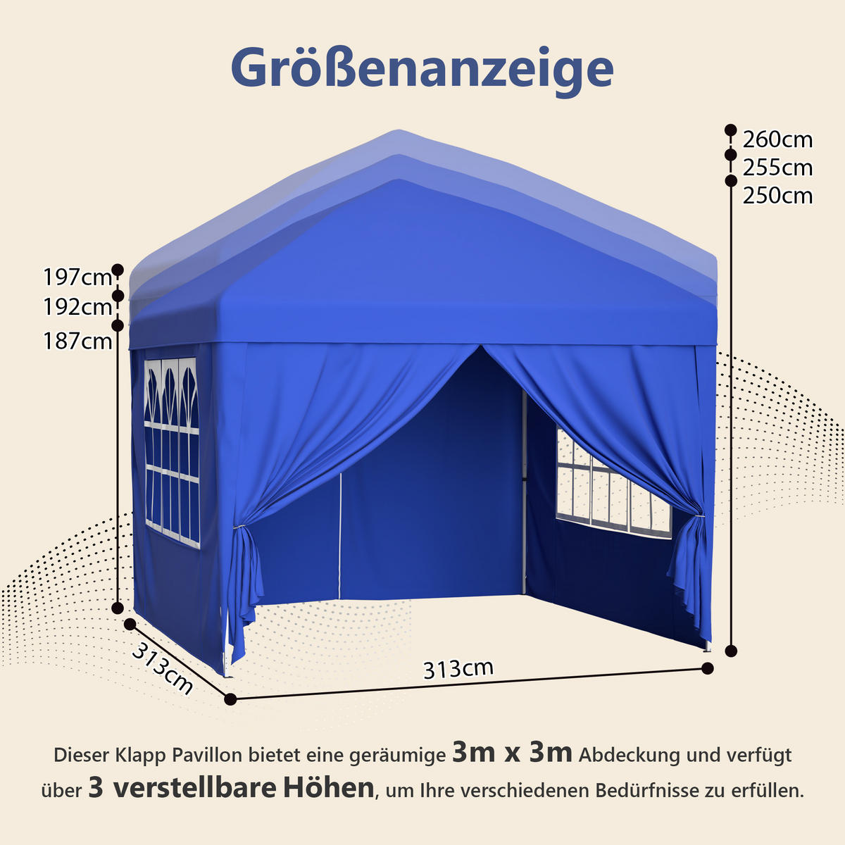 PAVILLON 3x3 m mit 4 Seitenwänden blau 197/260 cm - Blau, Metall (313/197/313cm) - ComfortXL